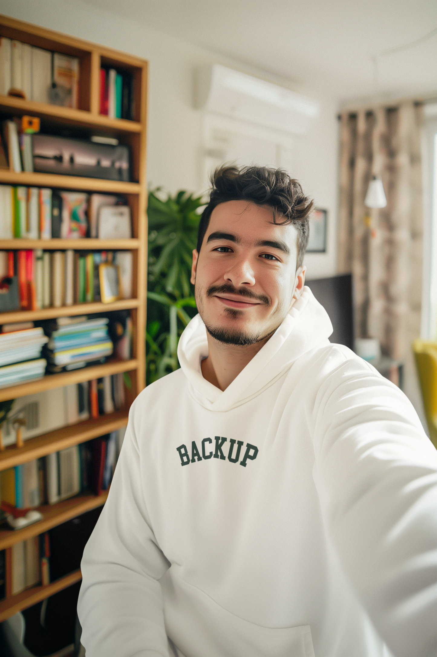 Man wearing a white hoodie with 'BACKUP' text in a room with bookshelves and plants.