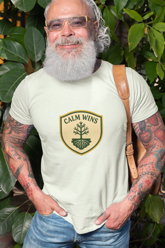 Man wearing a t-shirt with 'Calm Wins' logo amidst green foliage