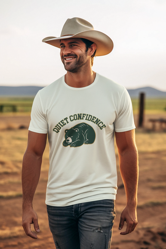 Man wearing a white t-shirt with a bear graphic and 'Quiet Confidence' text, standing in a desert landscape.