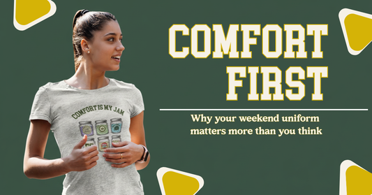Woman jogging in Comfort is My Jam tshirt - image promotes comfort first. 