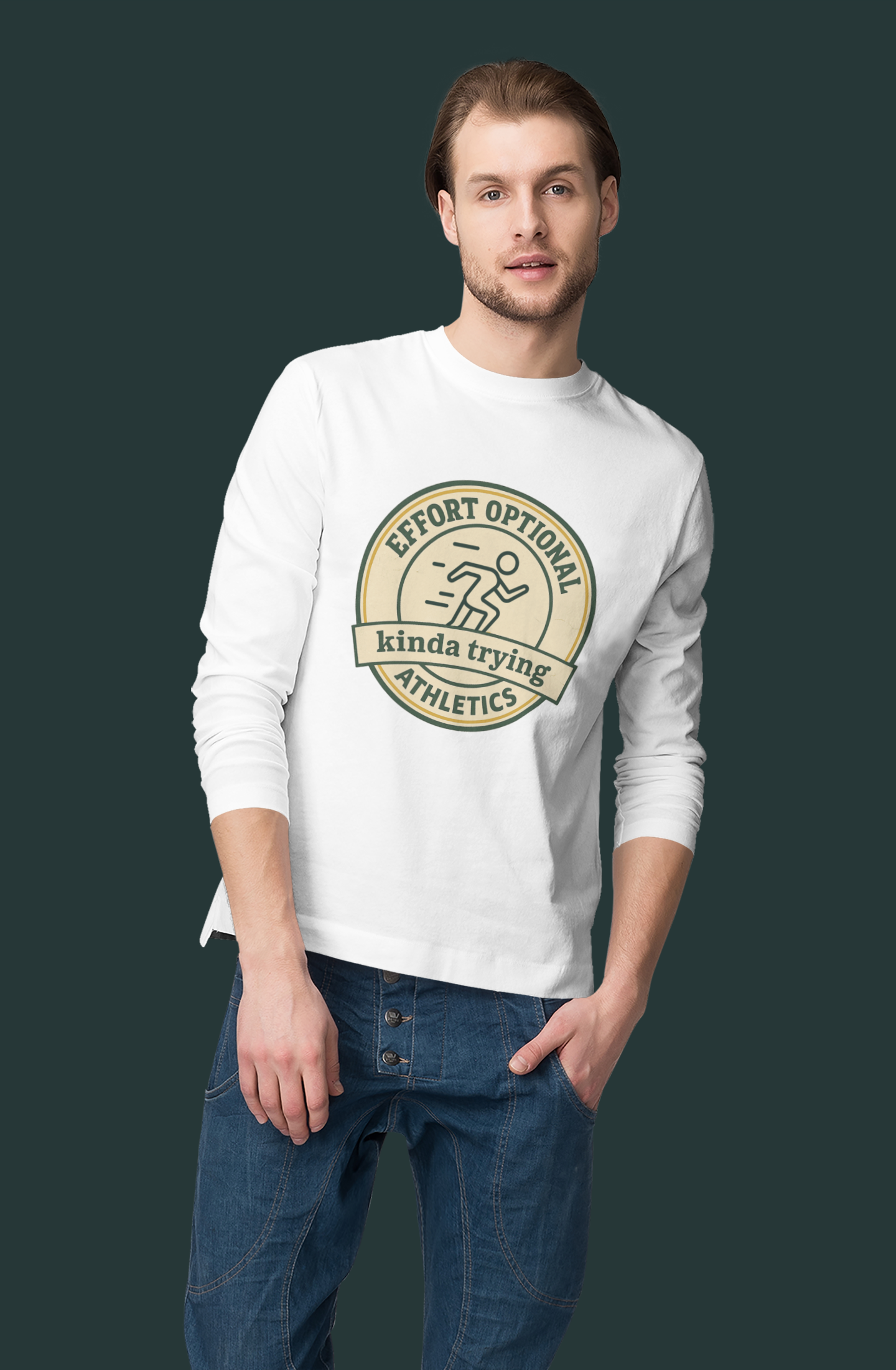 Man wearing a white sweatshirt with a graphic design on a dark background