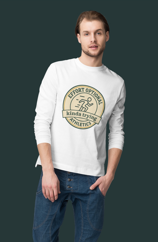 Man wearing a white sweatshirt with a graphic design on a dark background