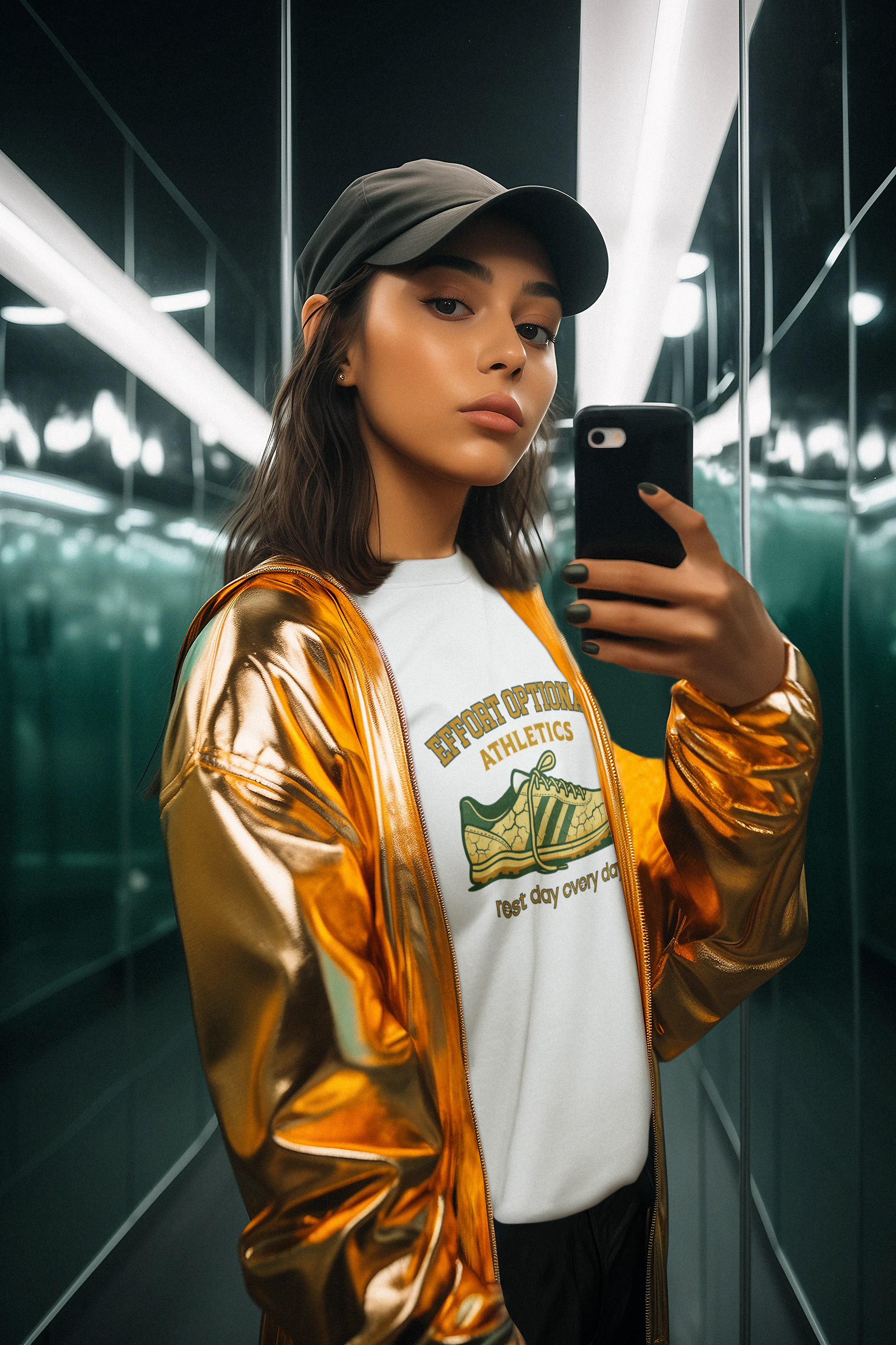 Person wearing a gold jacket and white t-shirt with a logo, taking a selfie in a mirror.