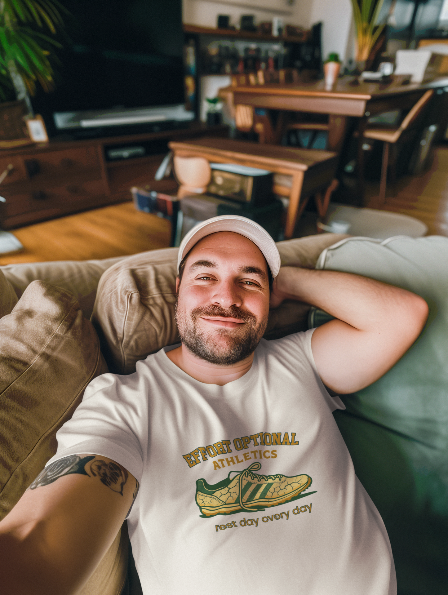 Man wearing a white t-shirt with a graphic design, sitting on a couch in a living room.