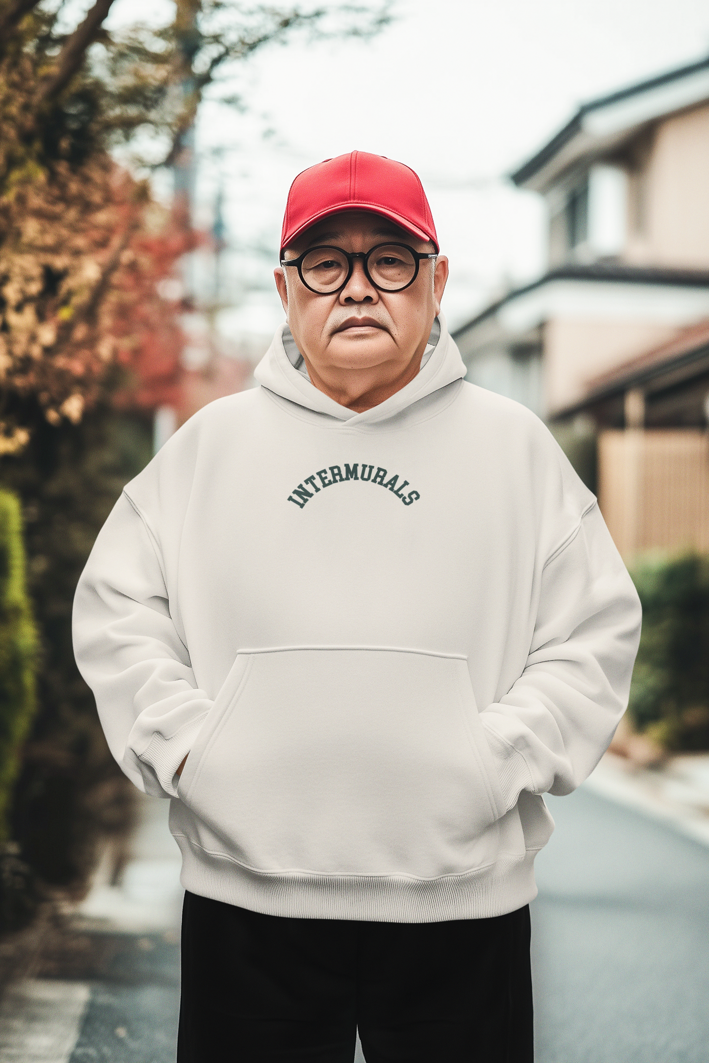 Man wearing a white hoodie with text and a red cap outdoors
