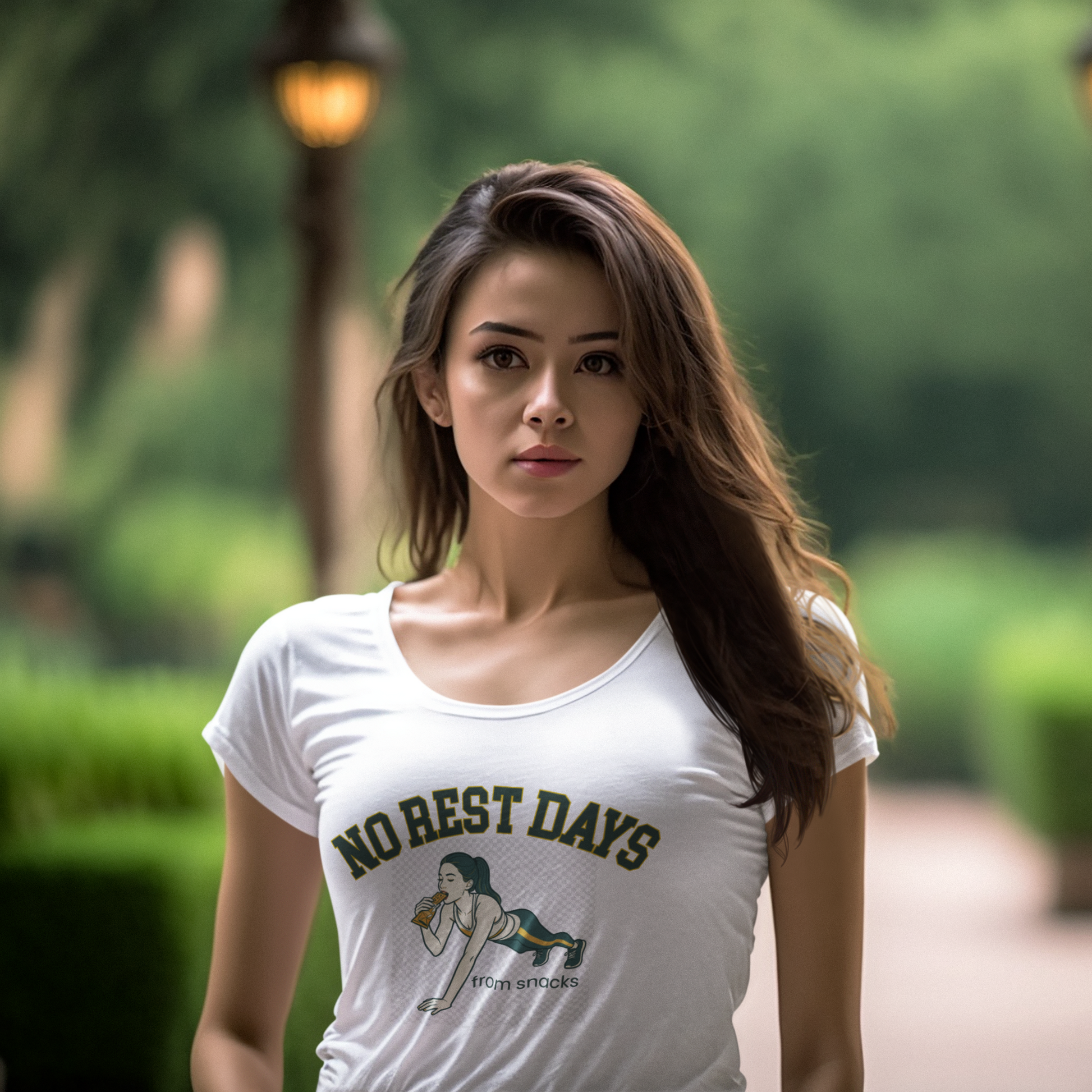 Woman wearing a white t-shirt with 'NO REST DAYS' text and graphic in a park setting