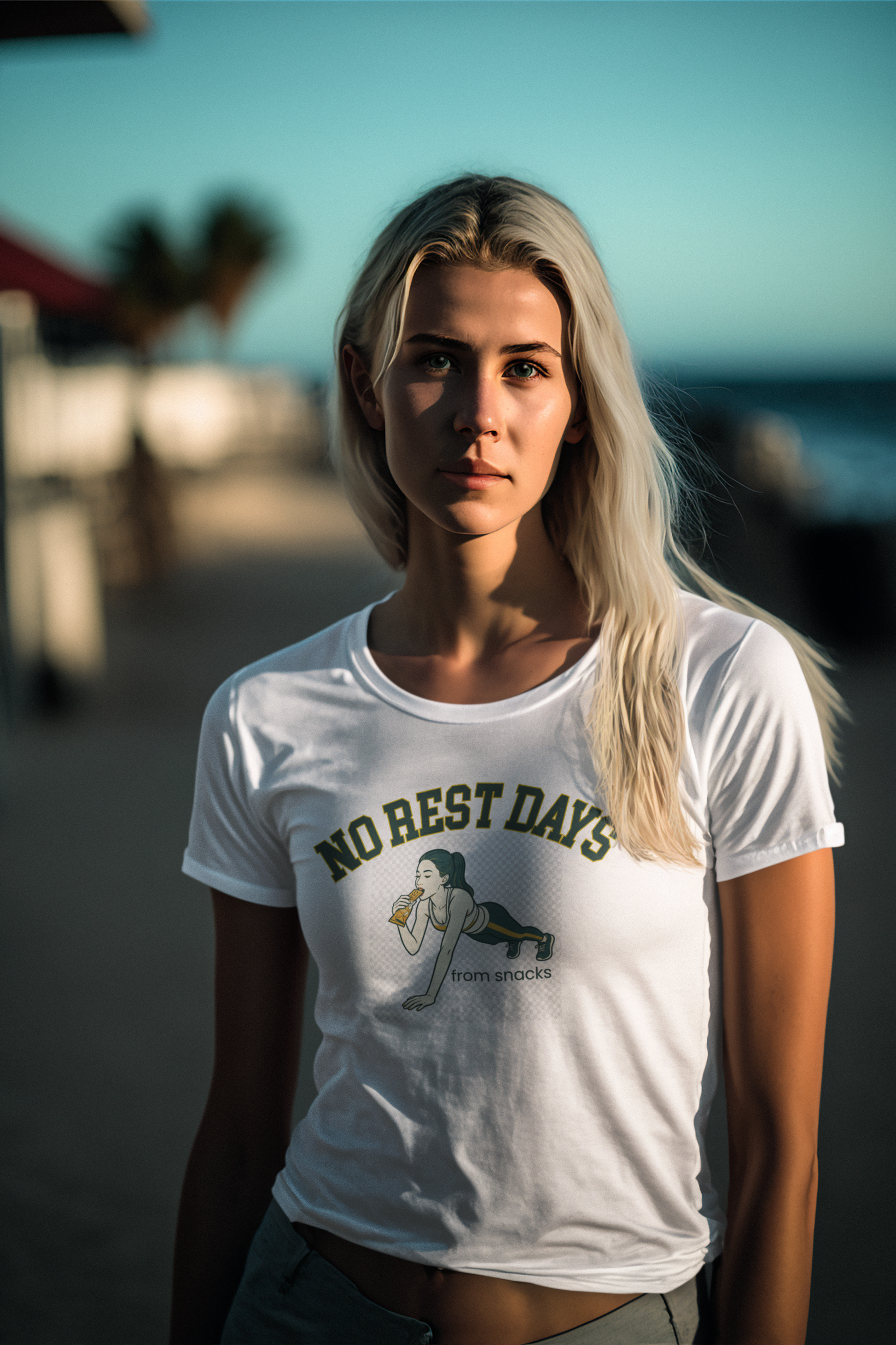 Woman wearing a white t-shirt with 'No Rest Days' graphic on a beach.