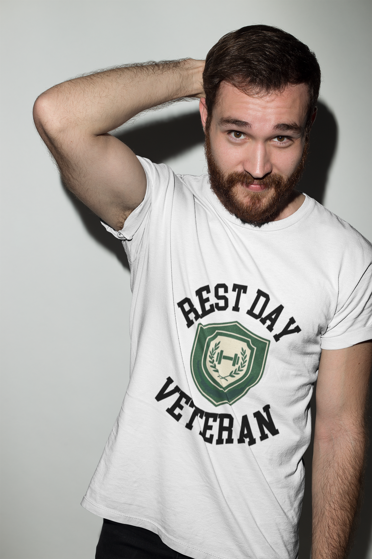 Man wearing a white t-shirt with 'Best Day Veteran' text and logo on a plain background