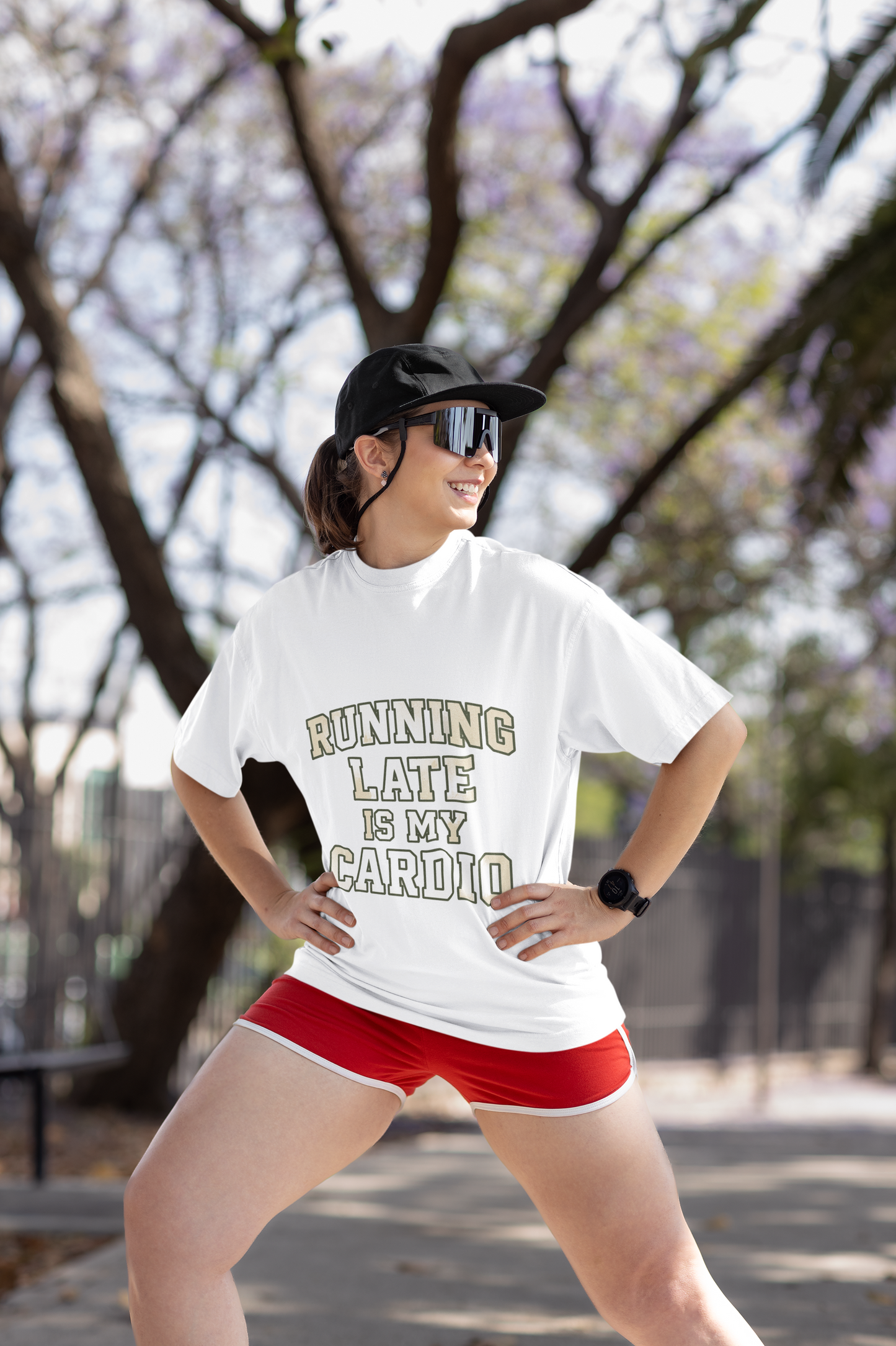 Running Late Is My Cardio varsity tee on female model