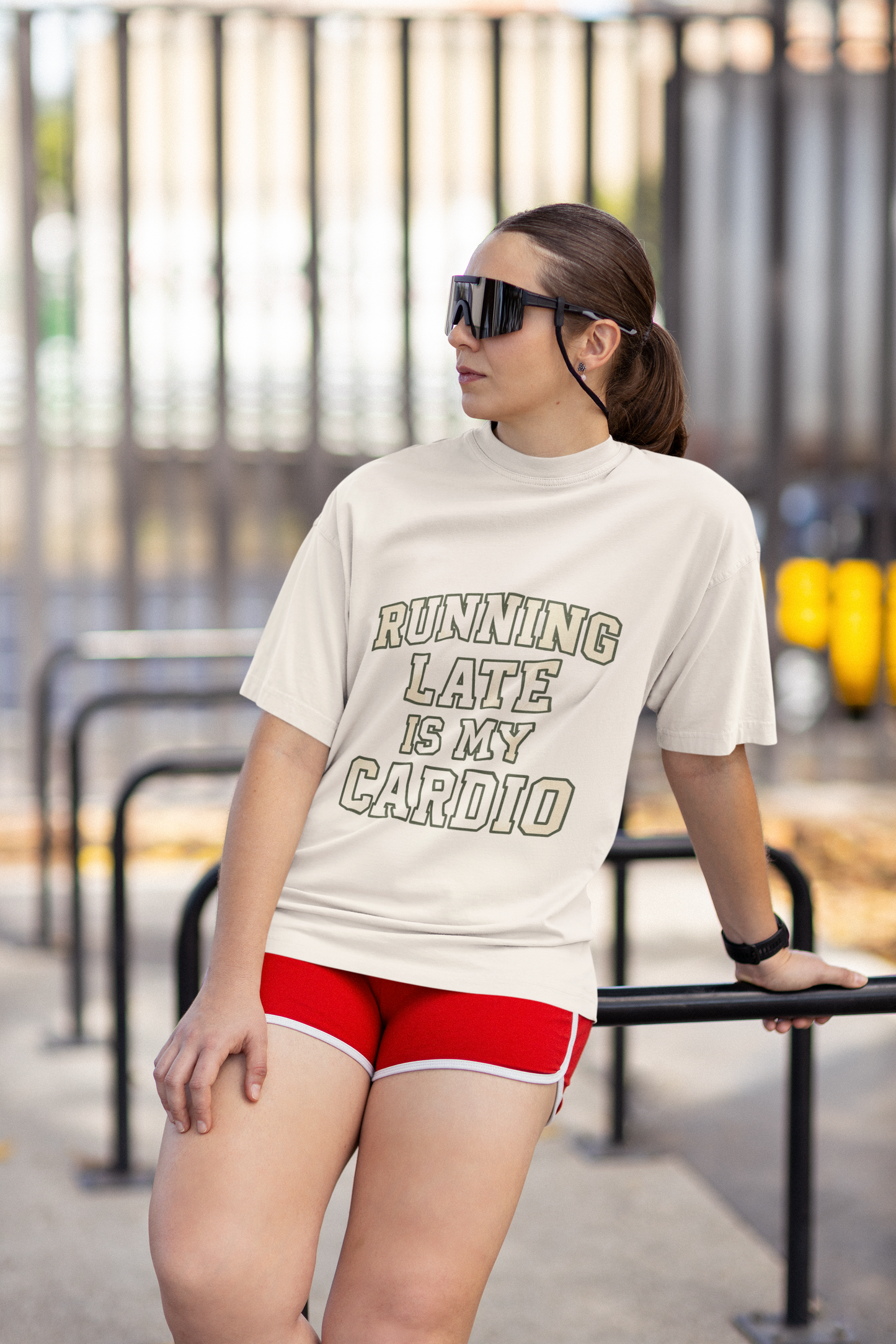 Running Late Is My Cardio varsity tee on female model