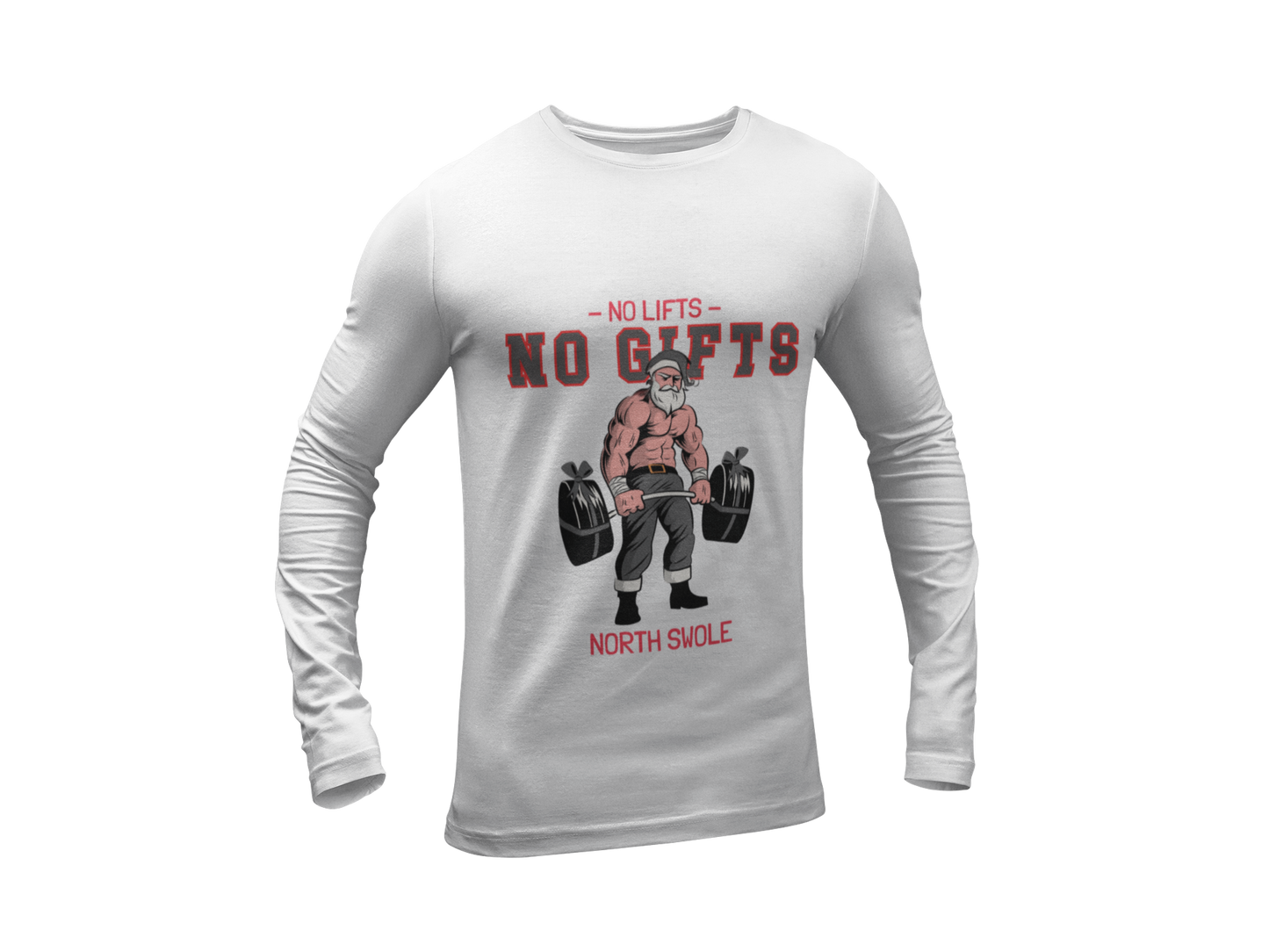 White long-sleeve shirt with graphic design and text on a white background