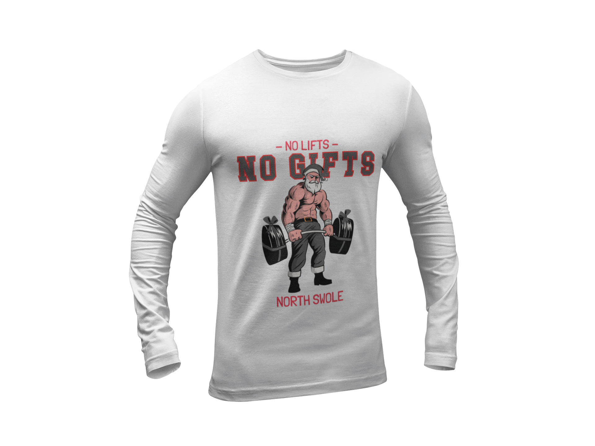 White long-sleeve shirt with graphic design and text on a white background