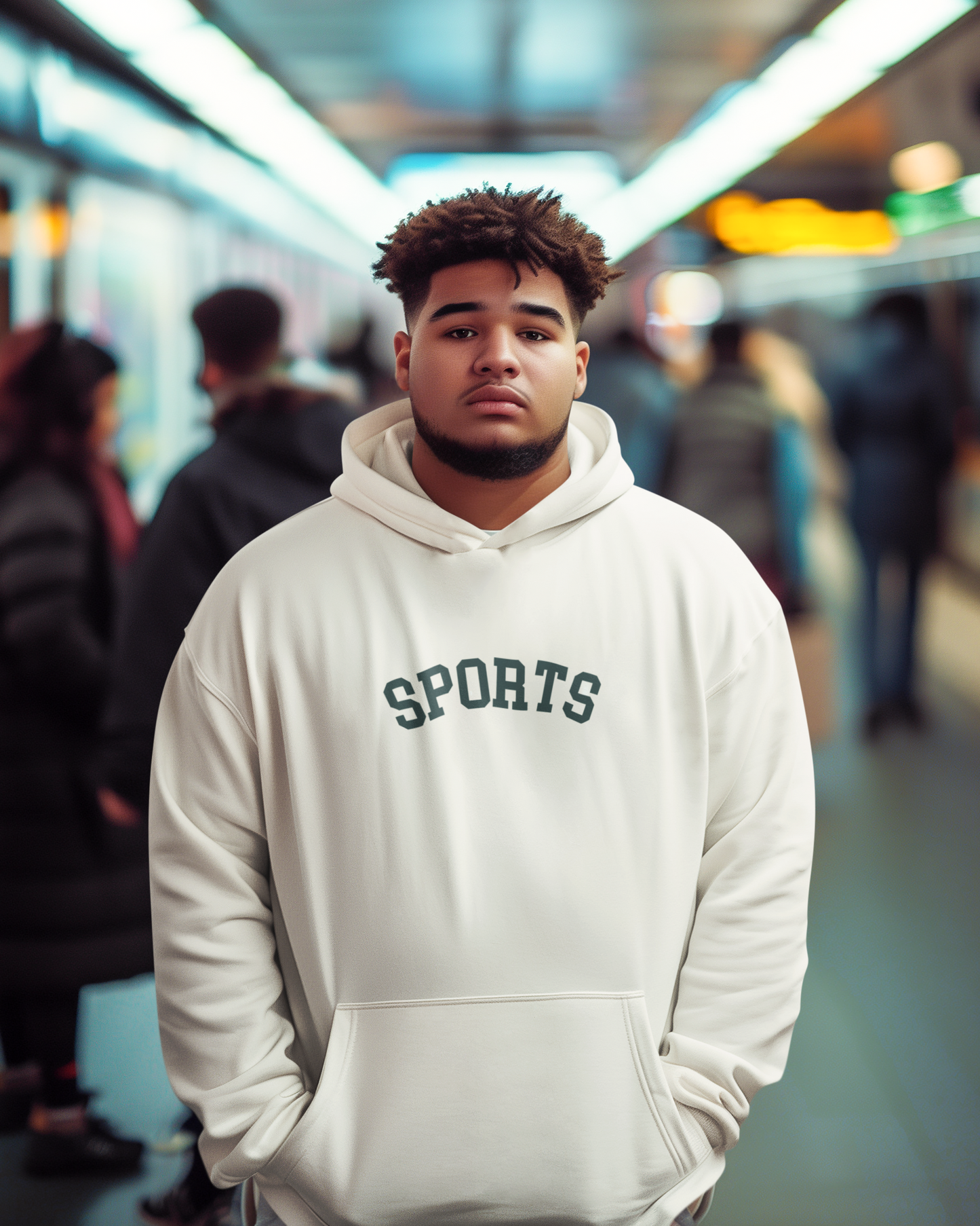 Person wearing a white hoodie with 'SPORTS' text in a blurred indoor setting