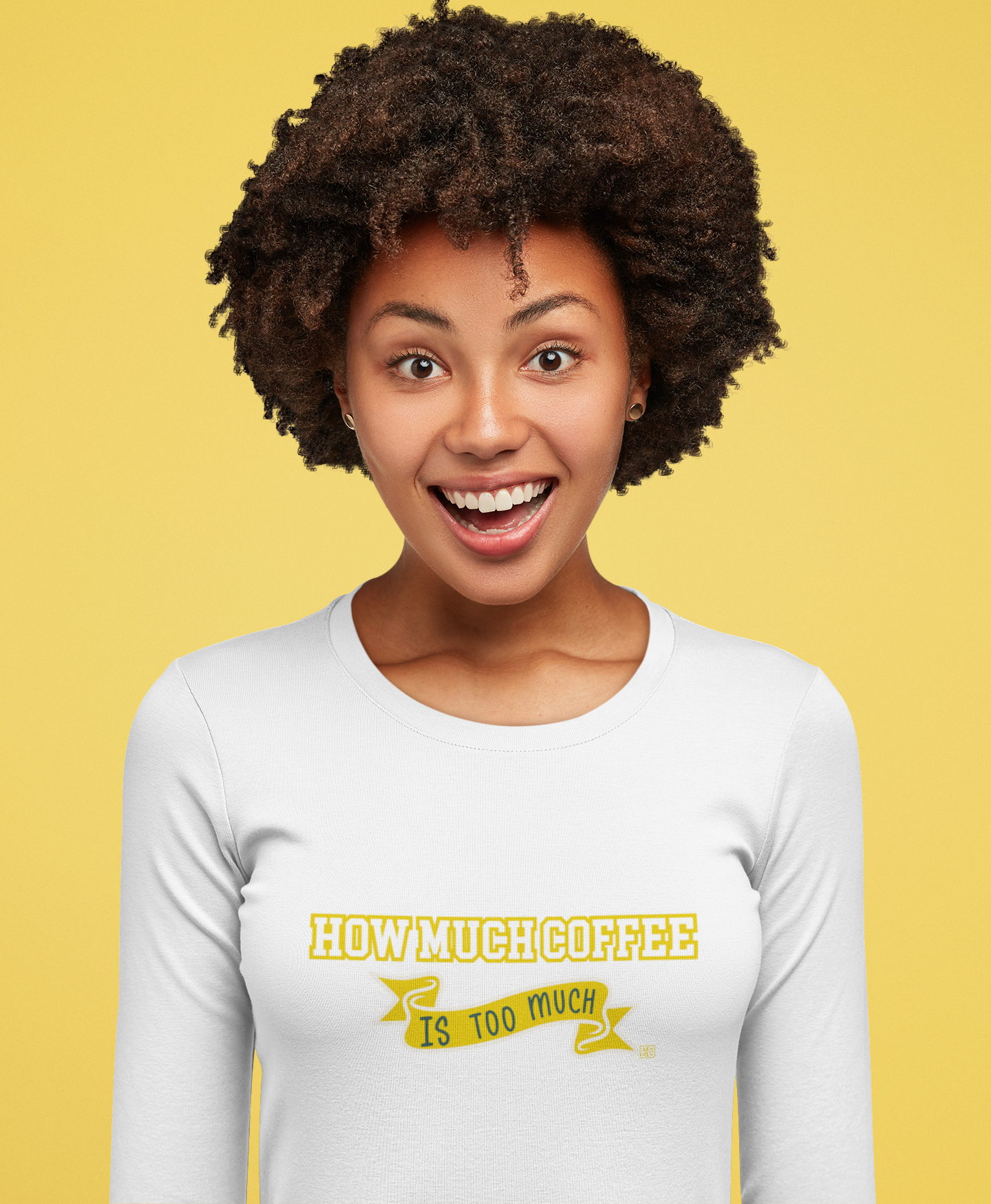 Woman wearing a white long-sleeve shirt with yellow text on a yellow background